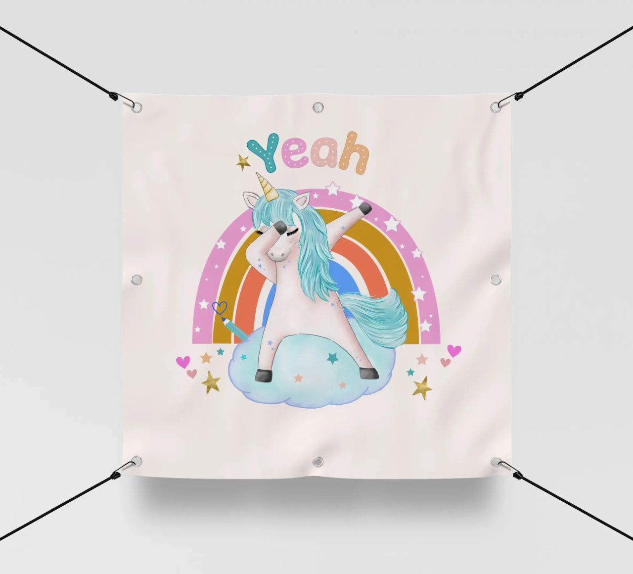 Simpatico unicorno. Con arcobaleno. telo in pvc da CalliLetters