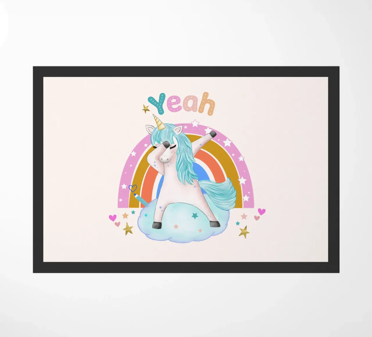 Simpatico unicorno. Con arcobaleno. zerbino da CalliLetters