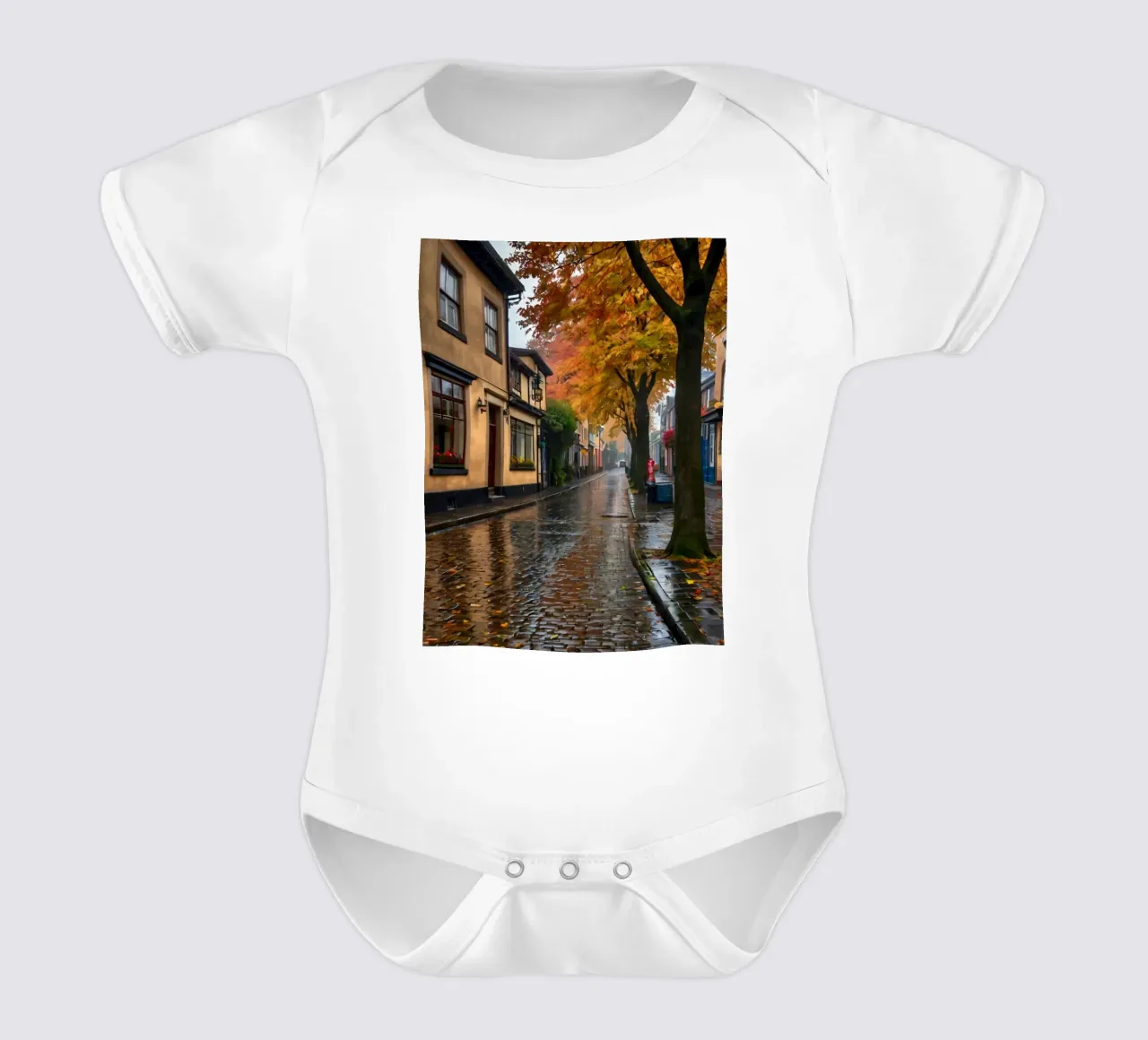 Tranquilla strada di ciottoli in autunno con foglie colorate body neonato maniche corte da DesignDoodle