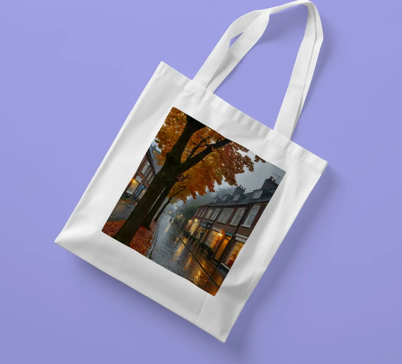 Una piovosa giornata autunnale in una pittoresca cittadina dalle strade acciottolate borsa in juta da DesignDoodle