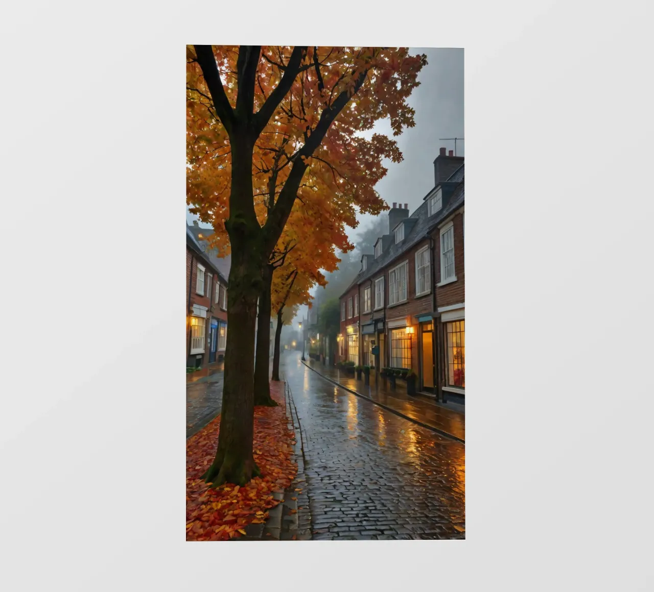 Una piovosa giornata autunnale in una pittoresca cittadina dalle strade acciottolate telo in pvc da DesignDoodle