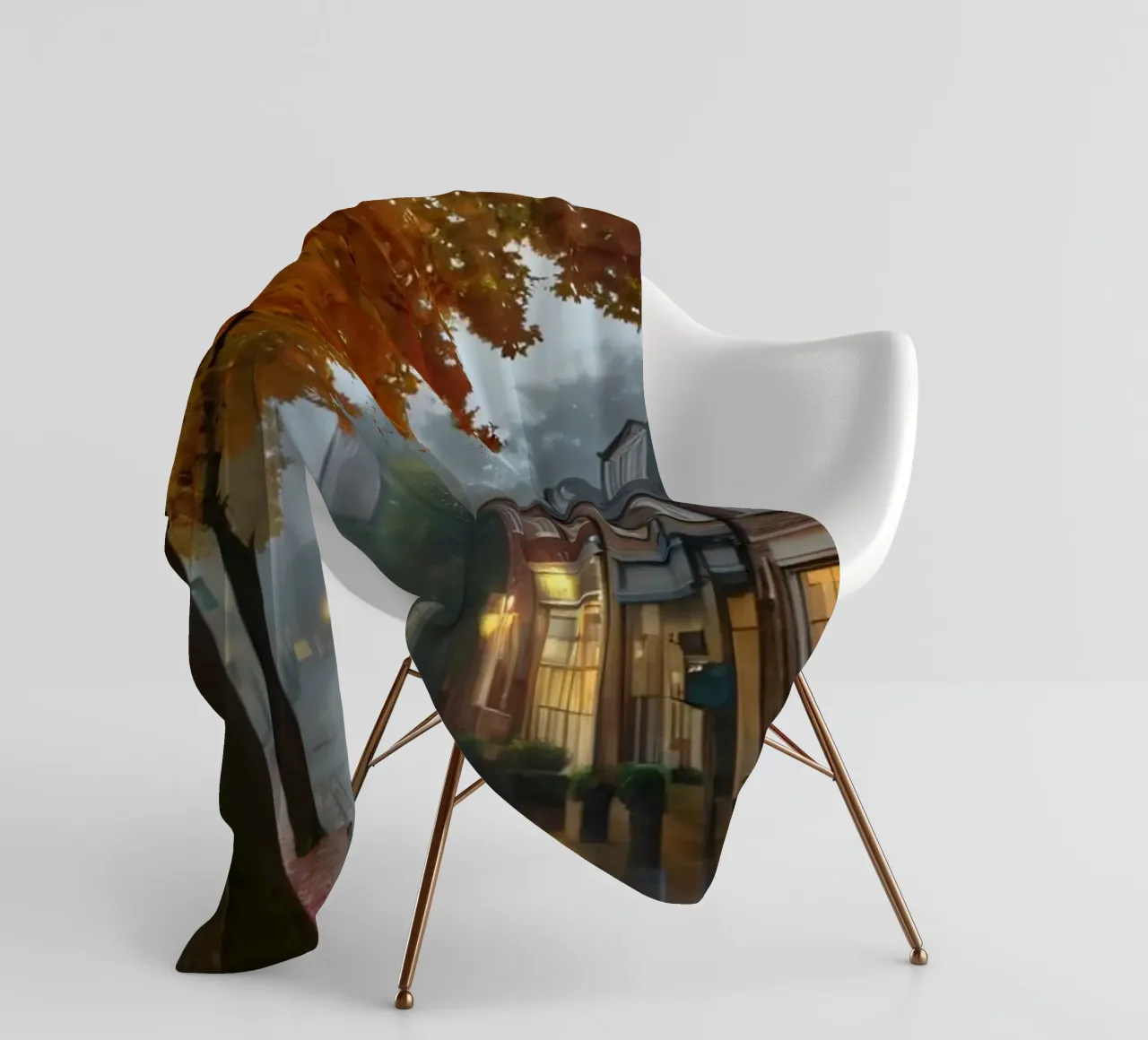 Una piovosa giornata autunnale in una pittoresca cittadina dalle strade acciottolate coperta in pile da DesignDoodle