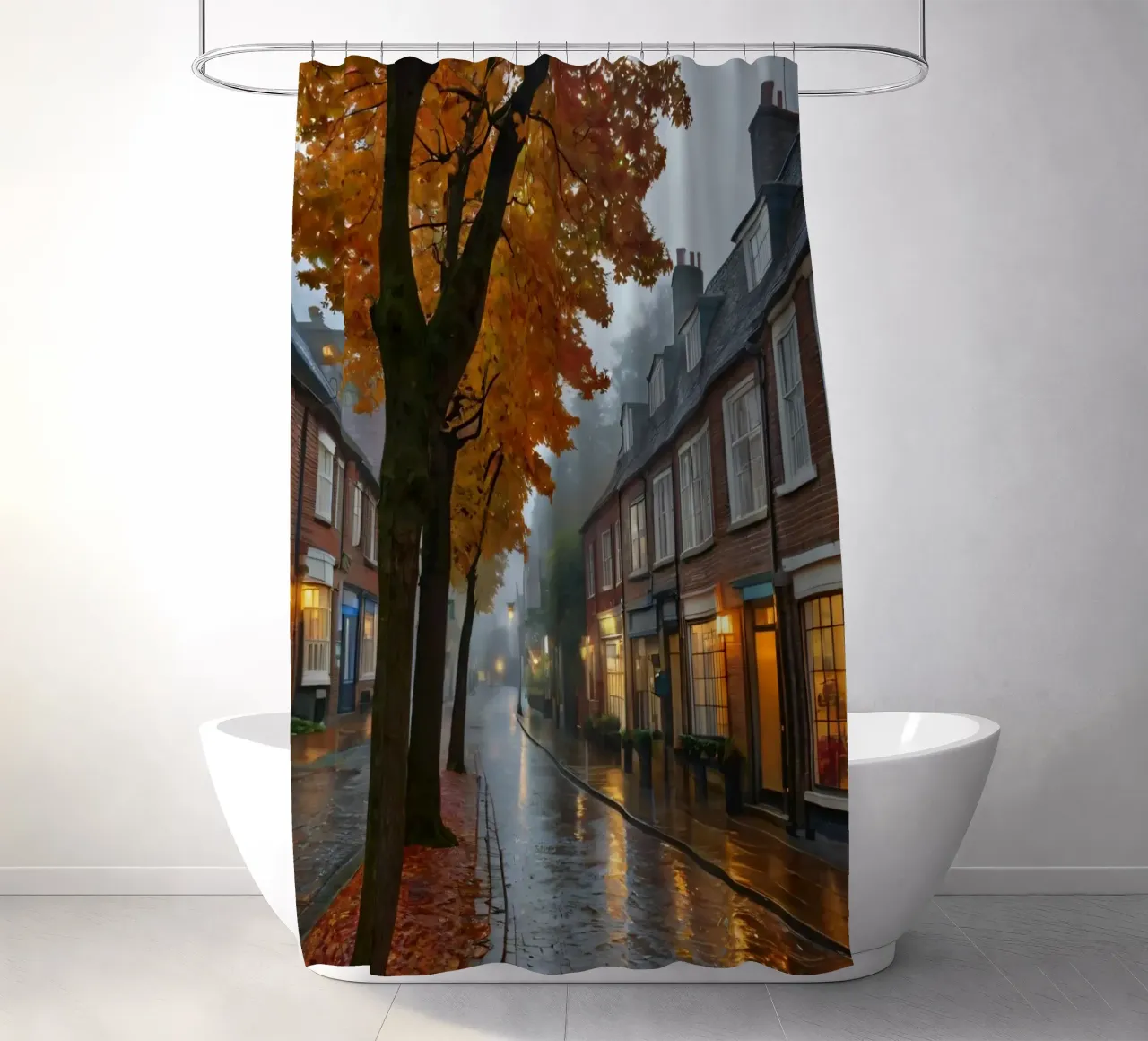 A rainy autumn day in a quaint town with cobblestone streets shower curtain by DesignDoodle