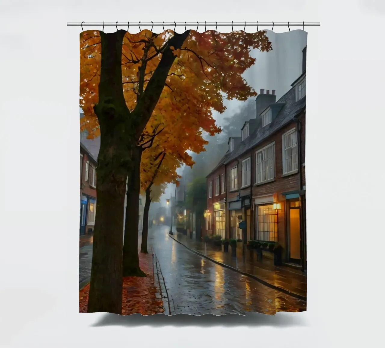 A rainy autumn day in a quaint town with cobblestone streets shower curtain by DesignDoodle