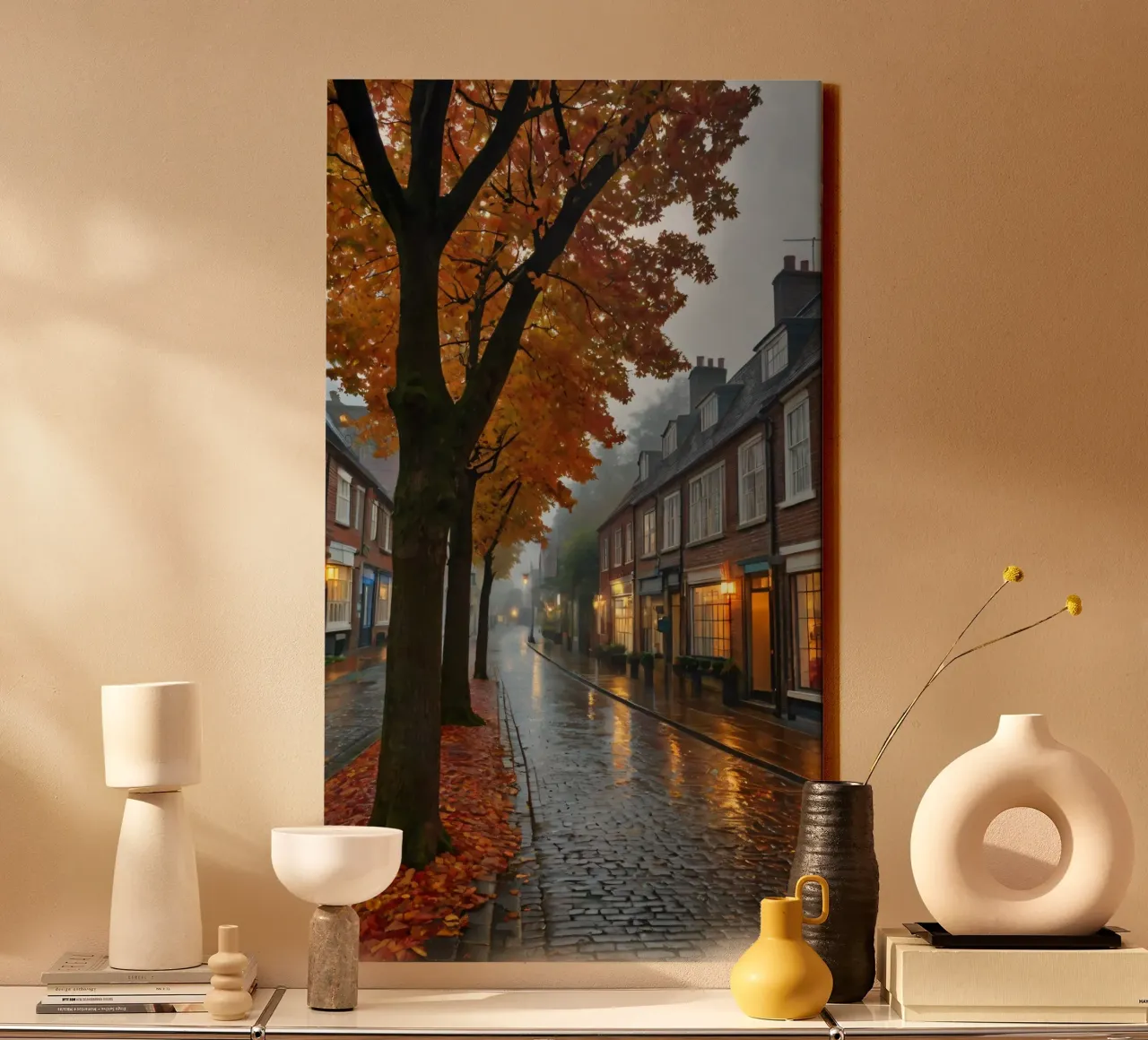 A rainy autumn day in a quaint town with cobblestone streets canvas by DesignDoodle