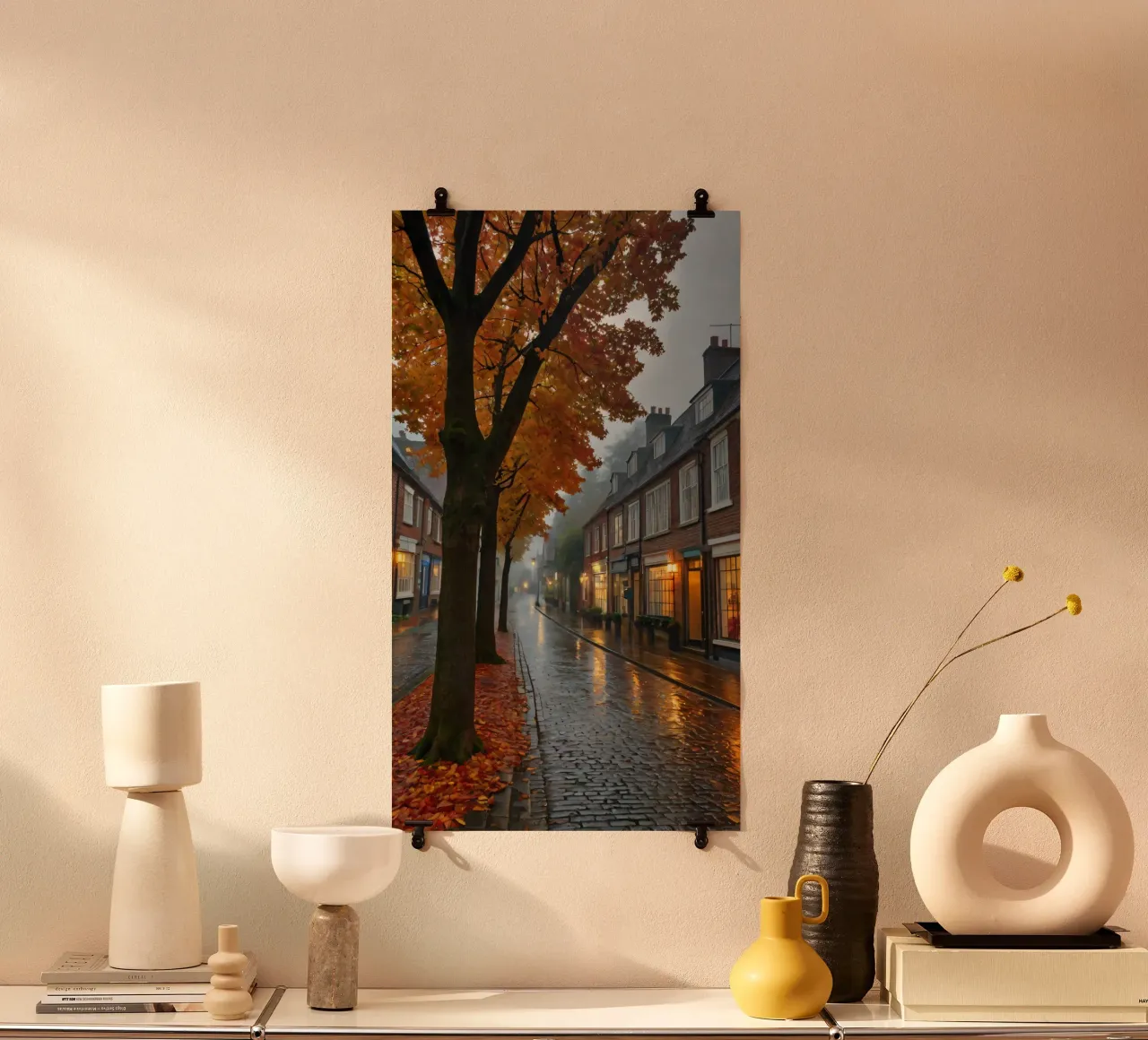 Una piovosa giornata autunnale in una pittoresca cittadina dalle strade acciottolate carta hahnemühle da DesignDoodle