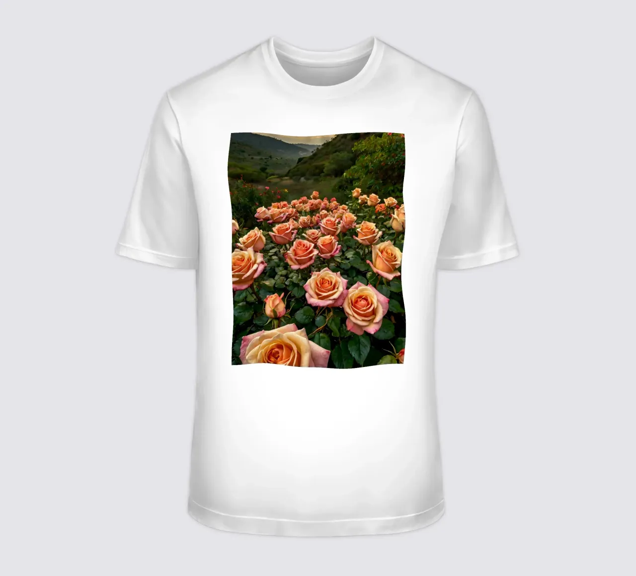 Un vivace campo di rose color pesca in fiore in una valle panoramica t-shirt da DesignDoodle