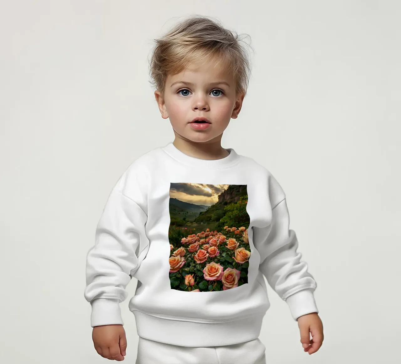 Un vivace campo di rose color pesca in fiore in una valle panoramica felpa neonato da DesignDoodle