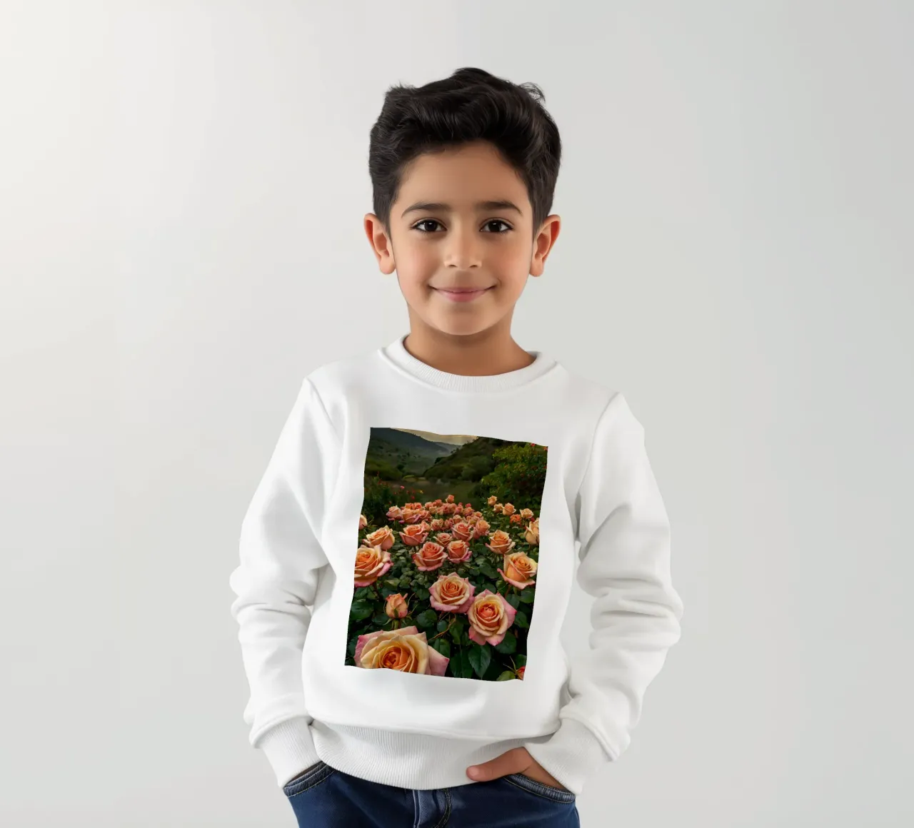 Un vivace campo di rose color pesca in fiore in una valle panoramica felpa bambino da DesignDoodle