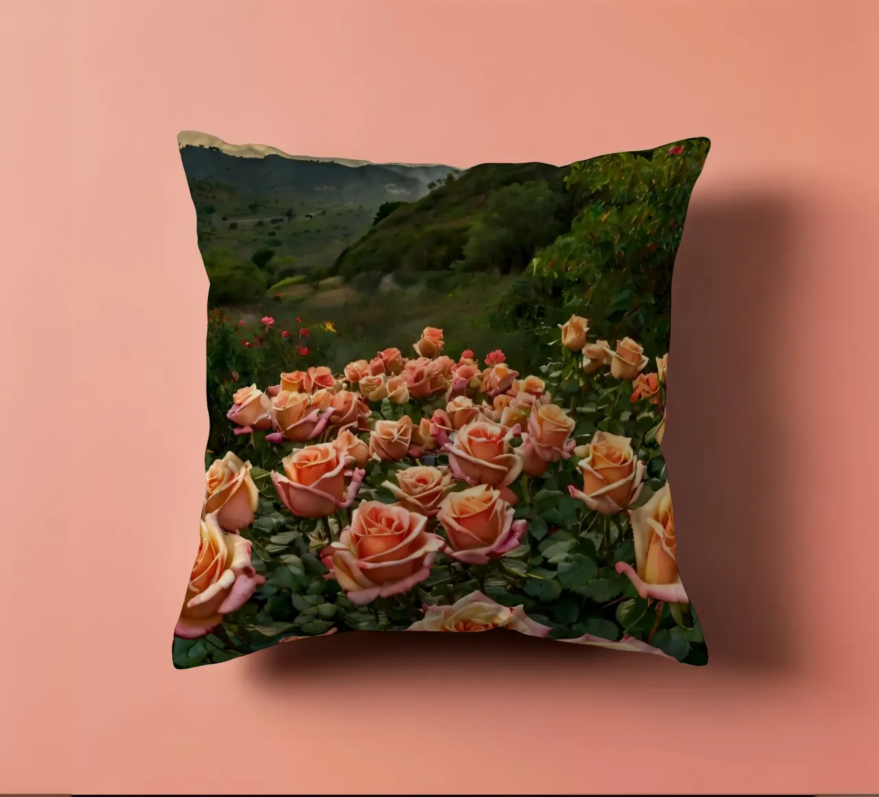 Un vivace campo di rose color pesca in fiore in una valle panoramica cuscino da DesignDoodle