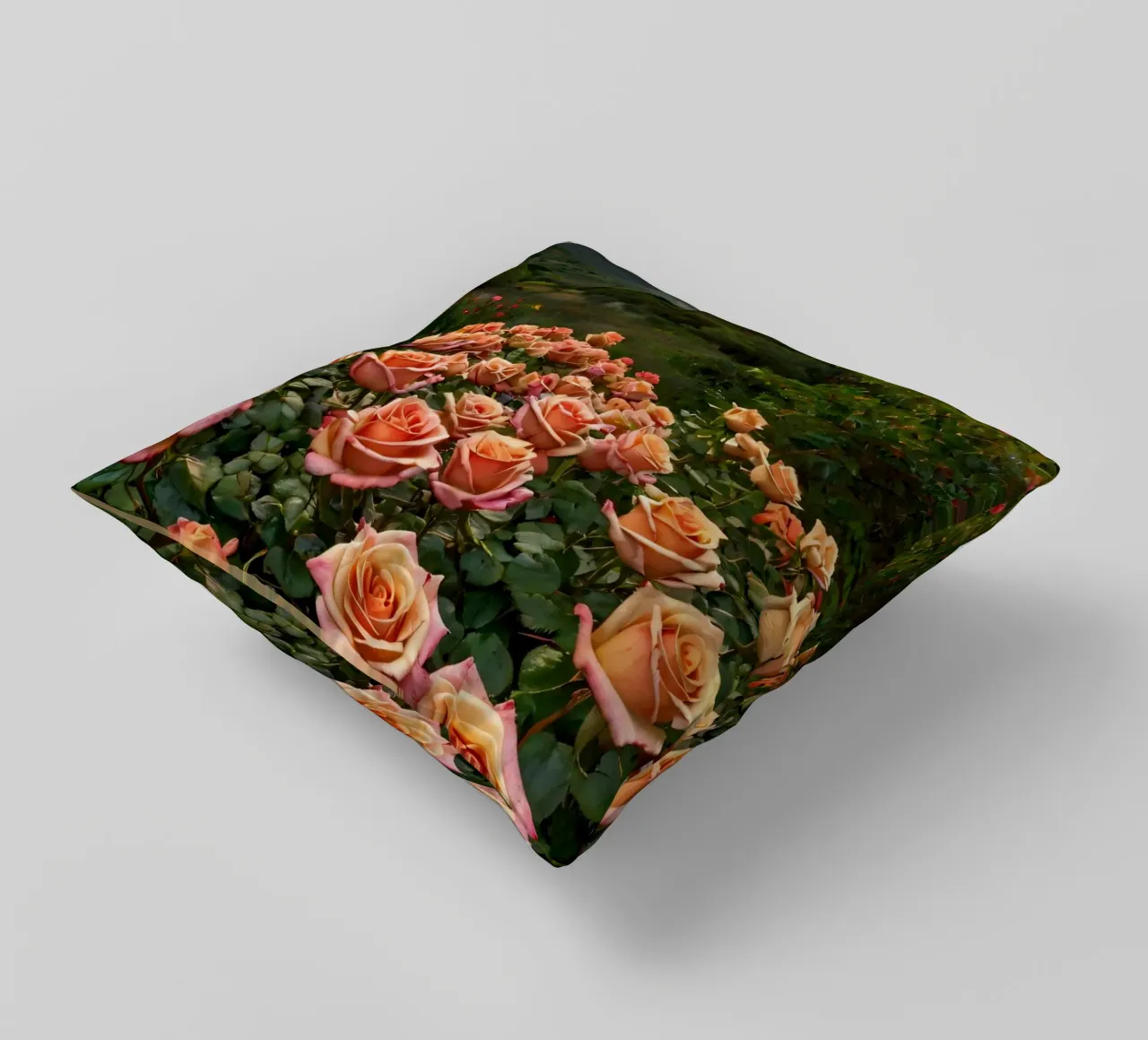 Un vivace campo di rose color pesca in fiore in una valle panoramica cuscino da DesignDoodle