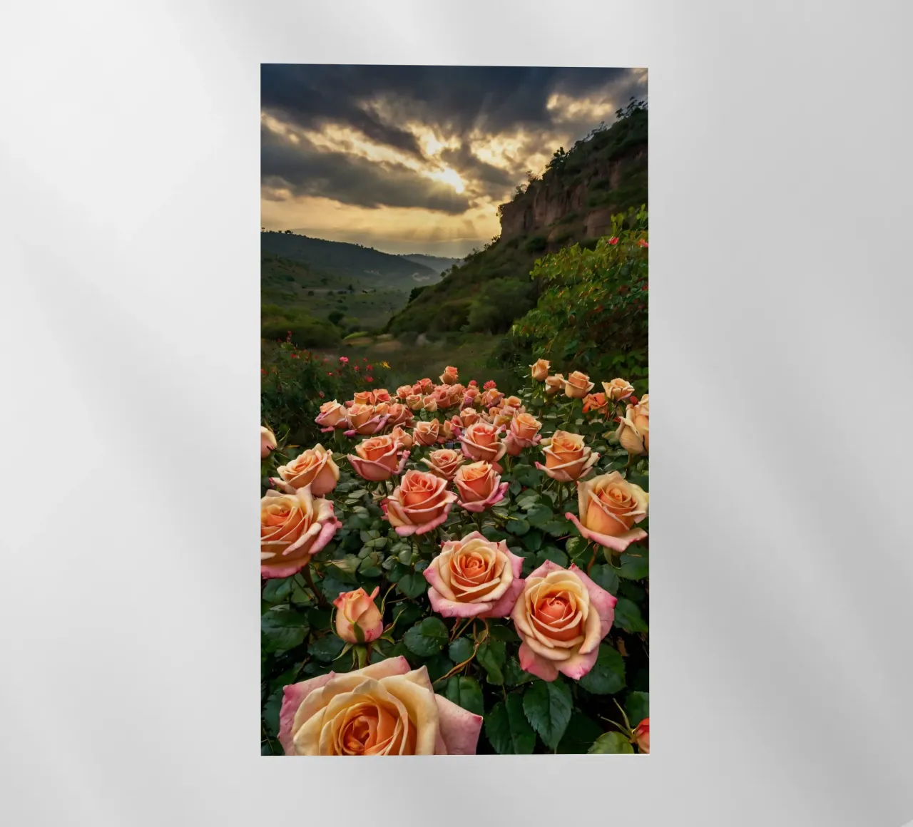 Un vivace campo di rose color pesca in fiore in una valle panoramica pellicola backlit da DesignDoodle