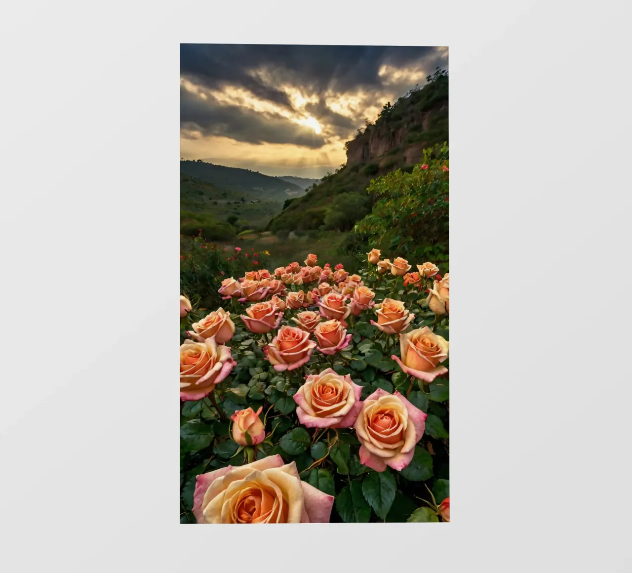 Un vivace campo di rose color pesca in fiore in una valle panoramica pellicola backlit da DesignDoodle
