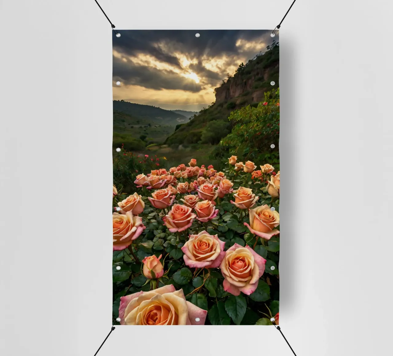 Un vivace campo di rose color pesca in fiore in una valle panoramica telo in pvc da DesignDoodle