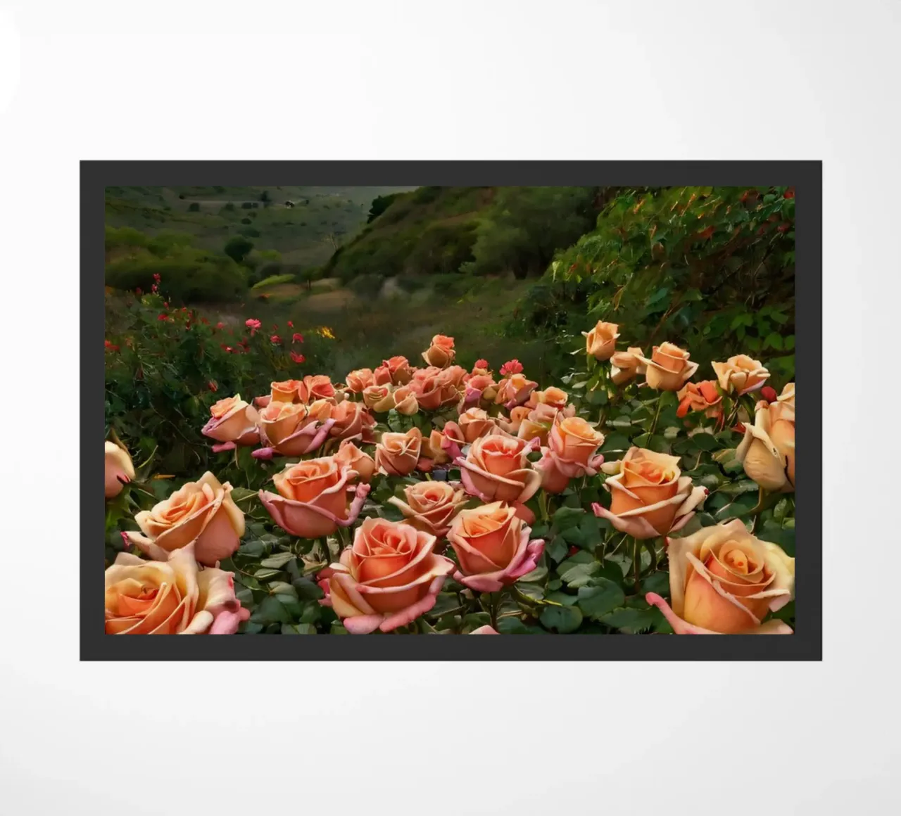 Un vivace campo di rose color pesca in fiore in una valle panoramica zerbino da DesignDoodle