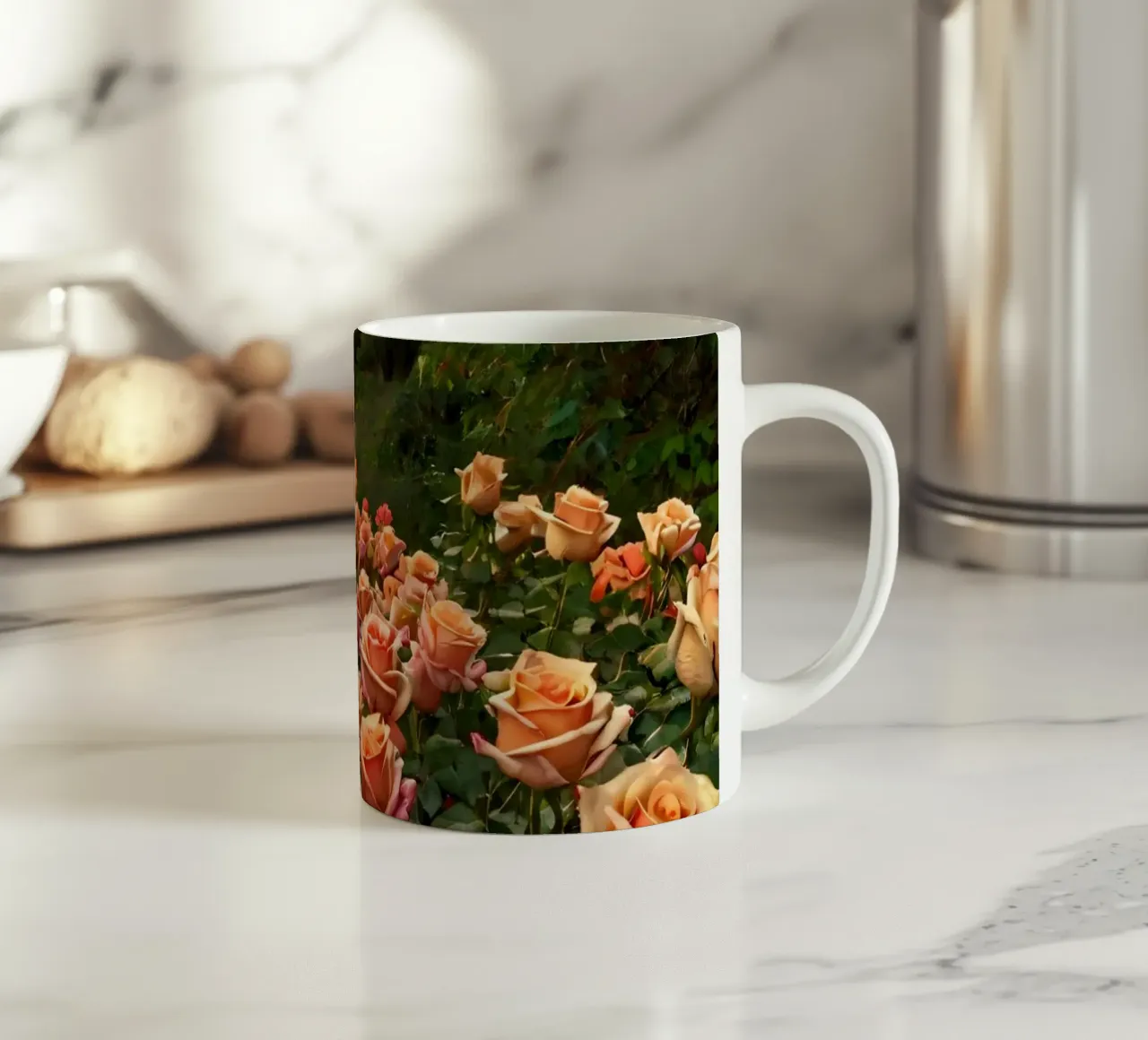Un vivace campo di rose color pesca in fiore in una valle panoramica tazza in ceramica da DesignDoodle