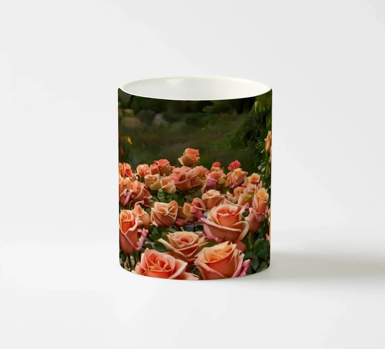 Un vivace campo di rose color pesca in fiore in una valle panoramica tazza in ceramica da DesignDoodle