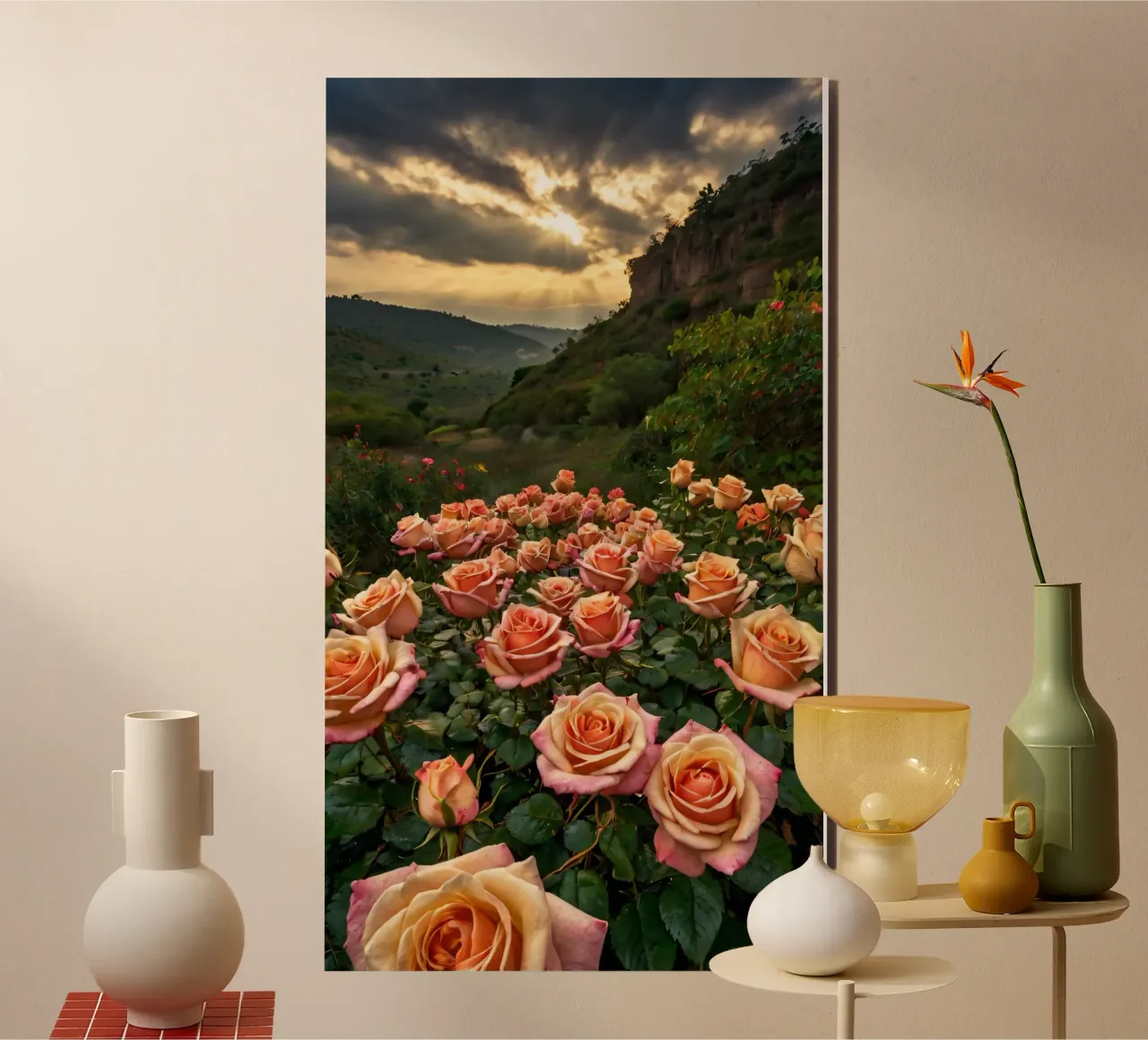 Un vivace campo di rose color pesca in fiore in una valle panoramica alluminio dibond da DesignDoodle