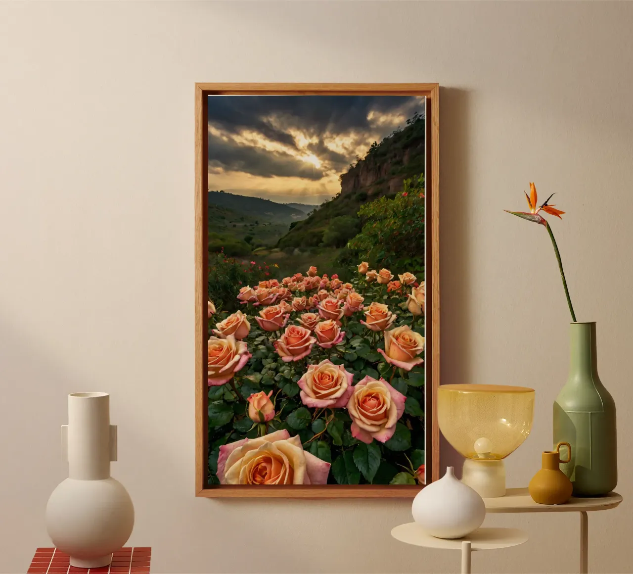 Un vivace campo di rose color pesca in fiore in una valle panoramica tela con Cornice a cassetta da DesignDoodle
