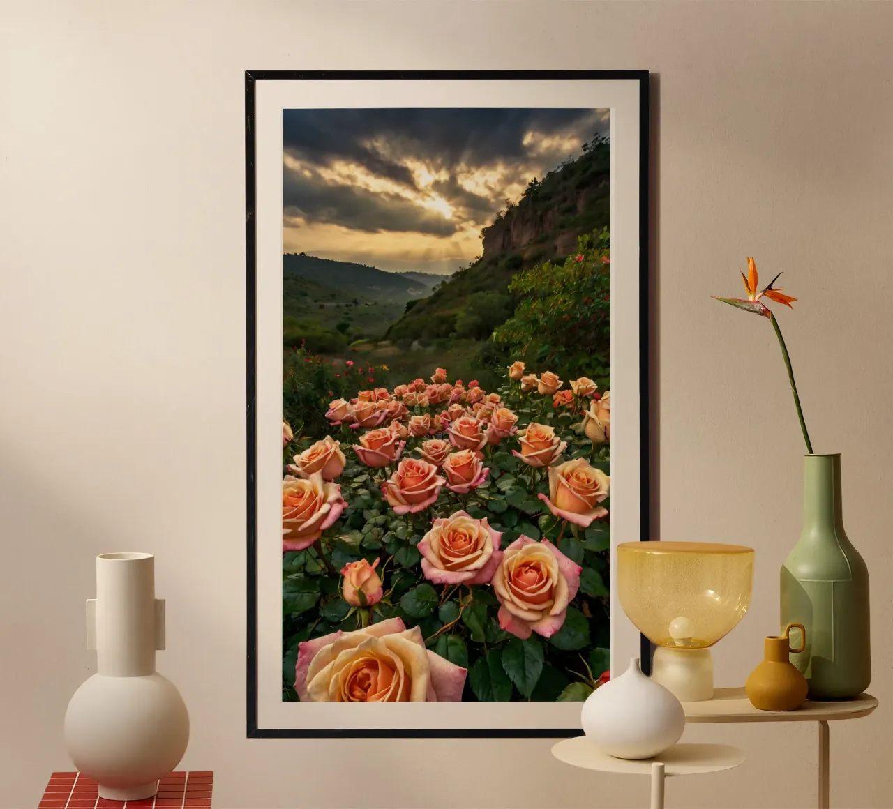 Un vivace campo di rose color pesca in fiore in una valle panoramica poster da DesignDoodle