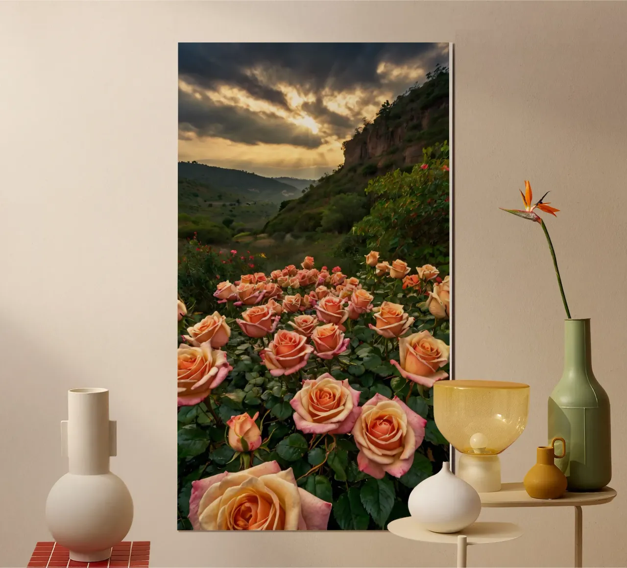 Un vivace campo di rose color pesca in fiore in una valle panoramica poster da DesignDoodle
