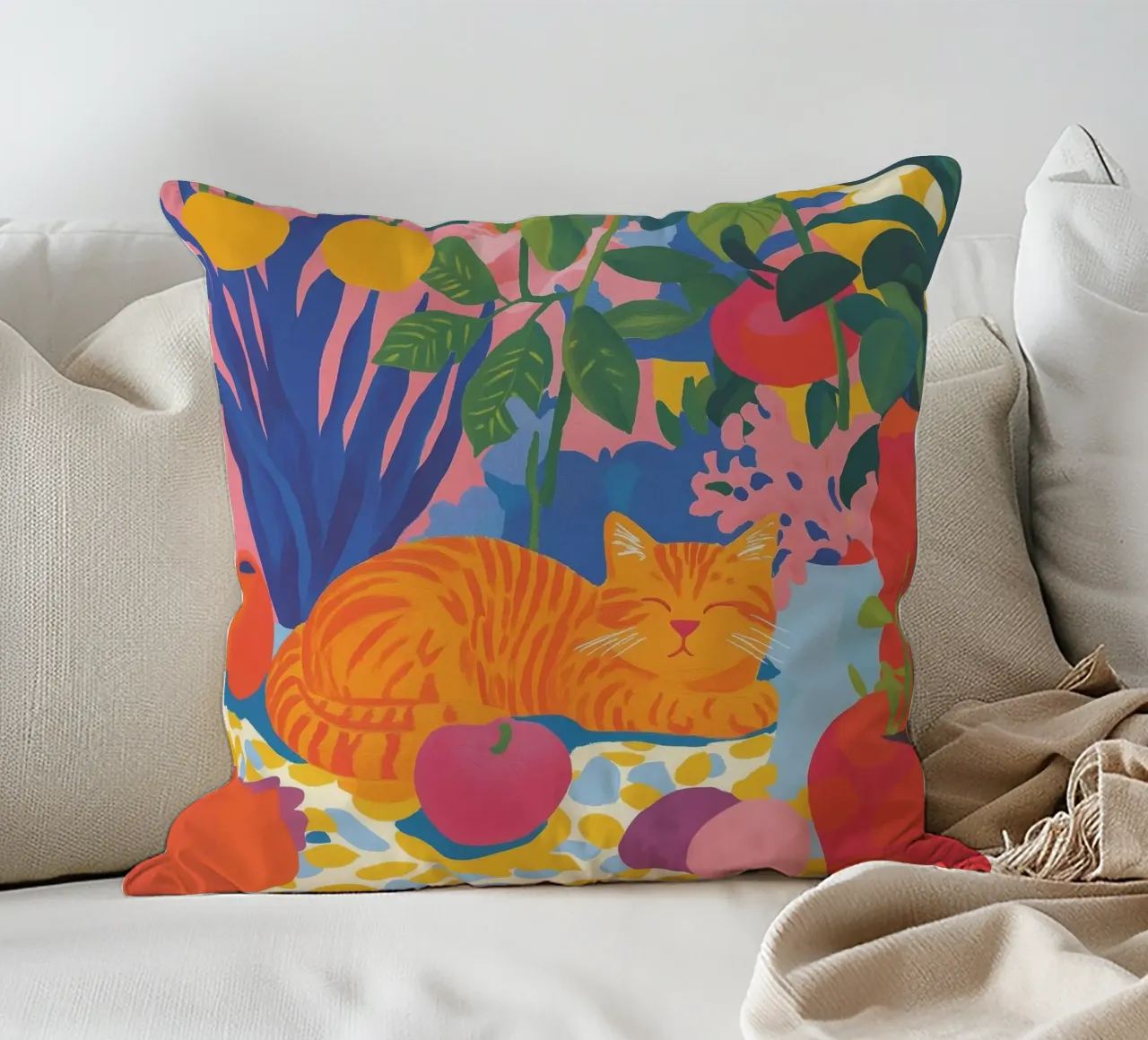 Flowery cat corner decorative cushion by Carinaprint