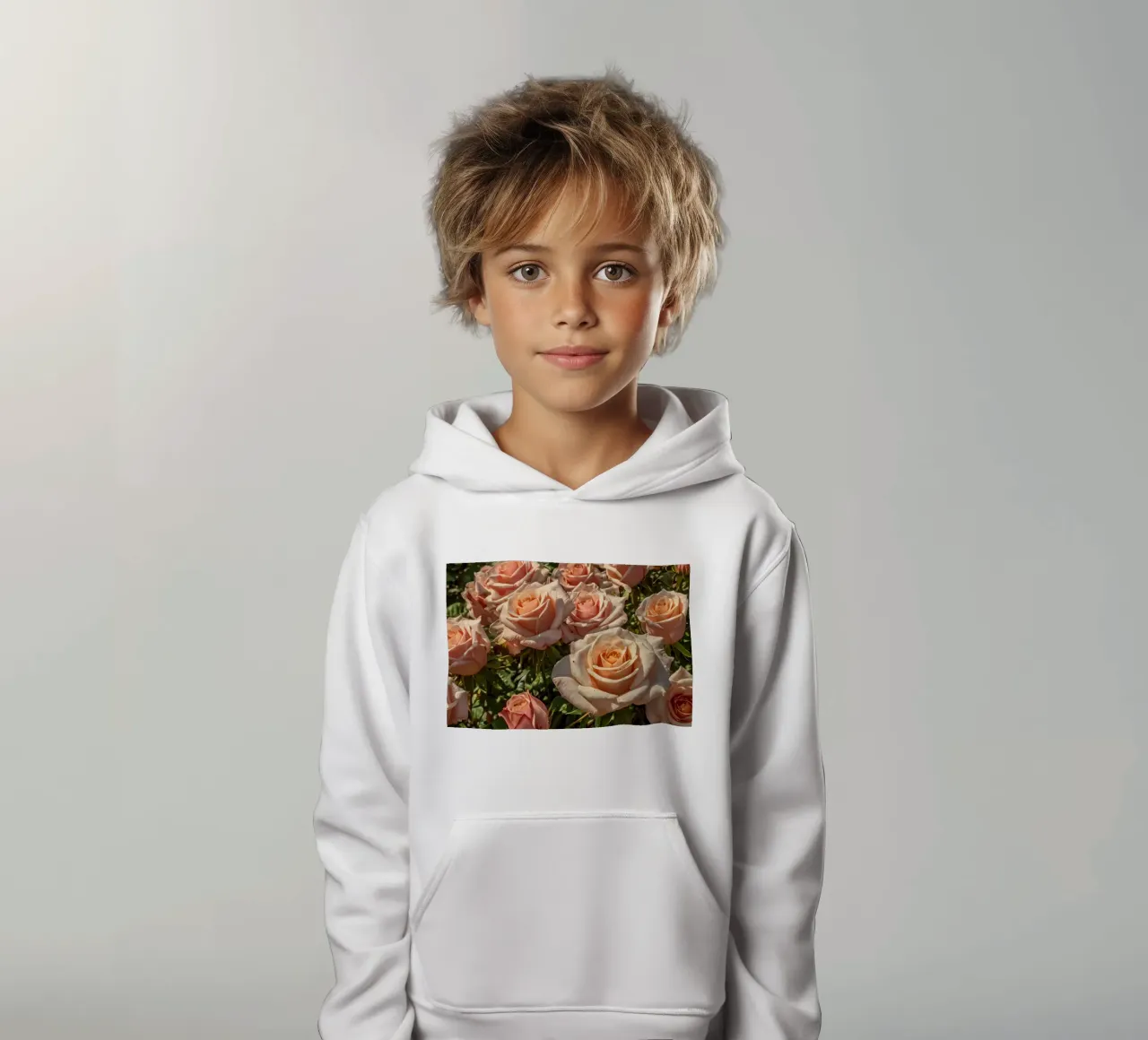 Beautiful blooming peach roses in a vibrant garden kids hoodie by DesignDoodle