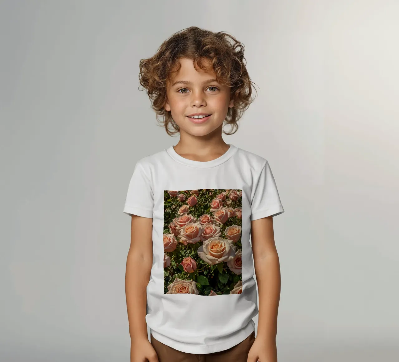 Beautiful blooming peach roses in a vibrant garden kids t-shirt by DesignDoodle