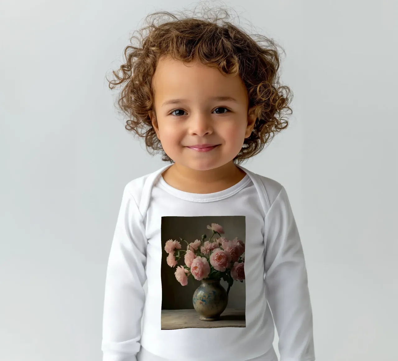 A rustic vase filled with pink peonies on a wooden table long-sleeve baby romper by DesignDoodle