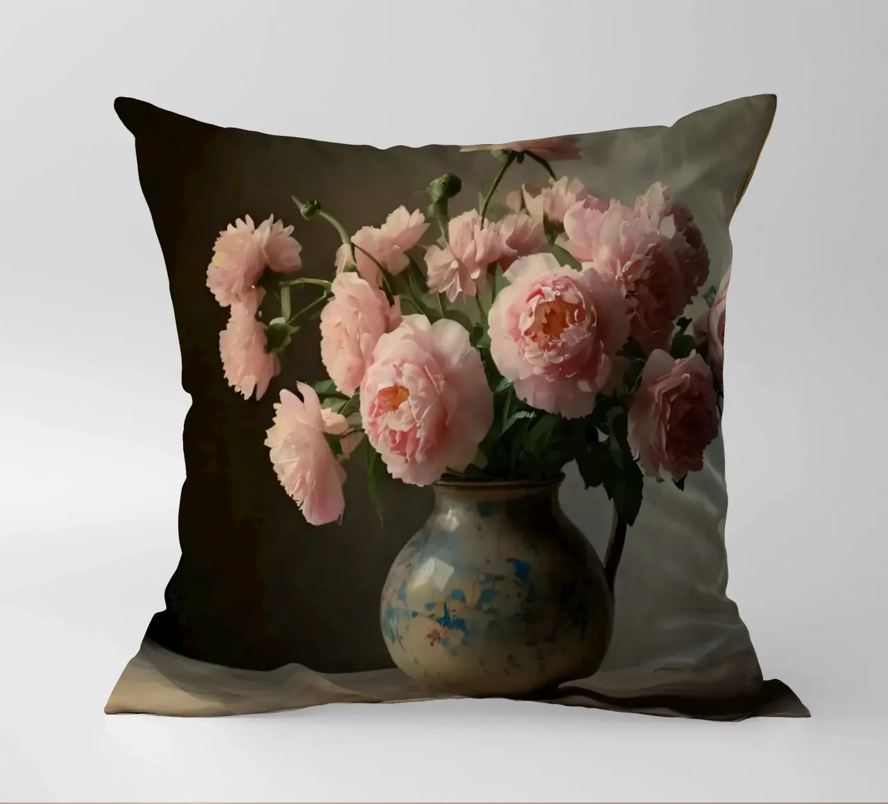 Un vaso rustico pieno di peonie rosa su un tavolo di legno cuscino da DesignDoodle
