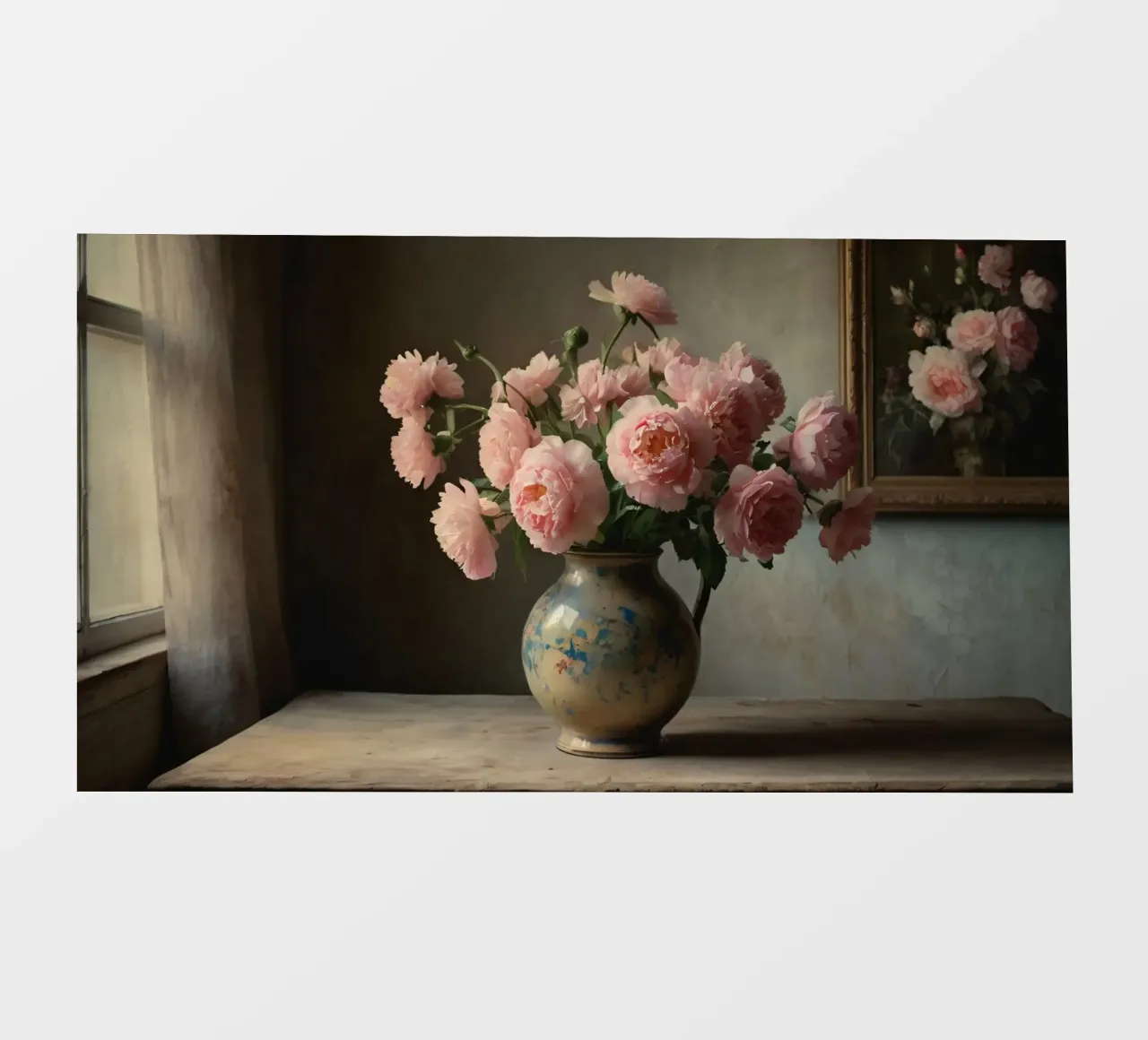 Un vaso rustico pieno di peonie rosa su un tavolo di legno pellicola backlit da DesignDoodle