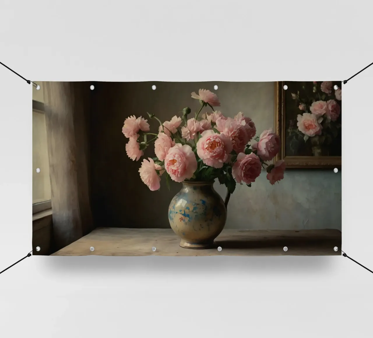 Un vaso rustico pieno di peonie rosa su un tavolo di legno telo in pvc da DesignDoodle