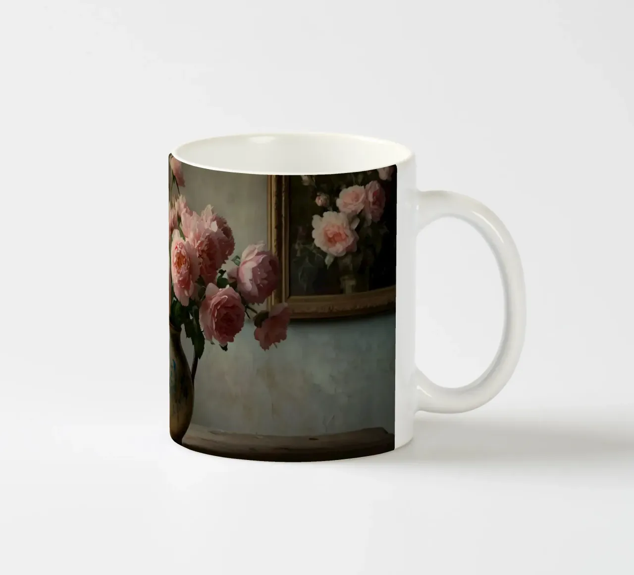 Un vaso rustico pieno di peonie rosa su un tavolo di legno tazza in ceramica da DesignDoodle
