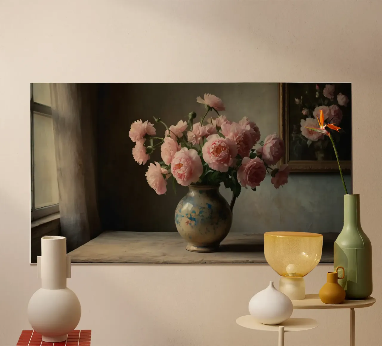 Un vaso rustico pieno di peonie rosa su un tavolo di legno carta hahnemühle da DesignDoodle