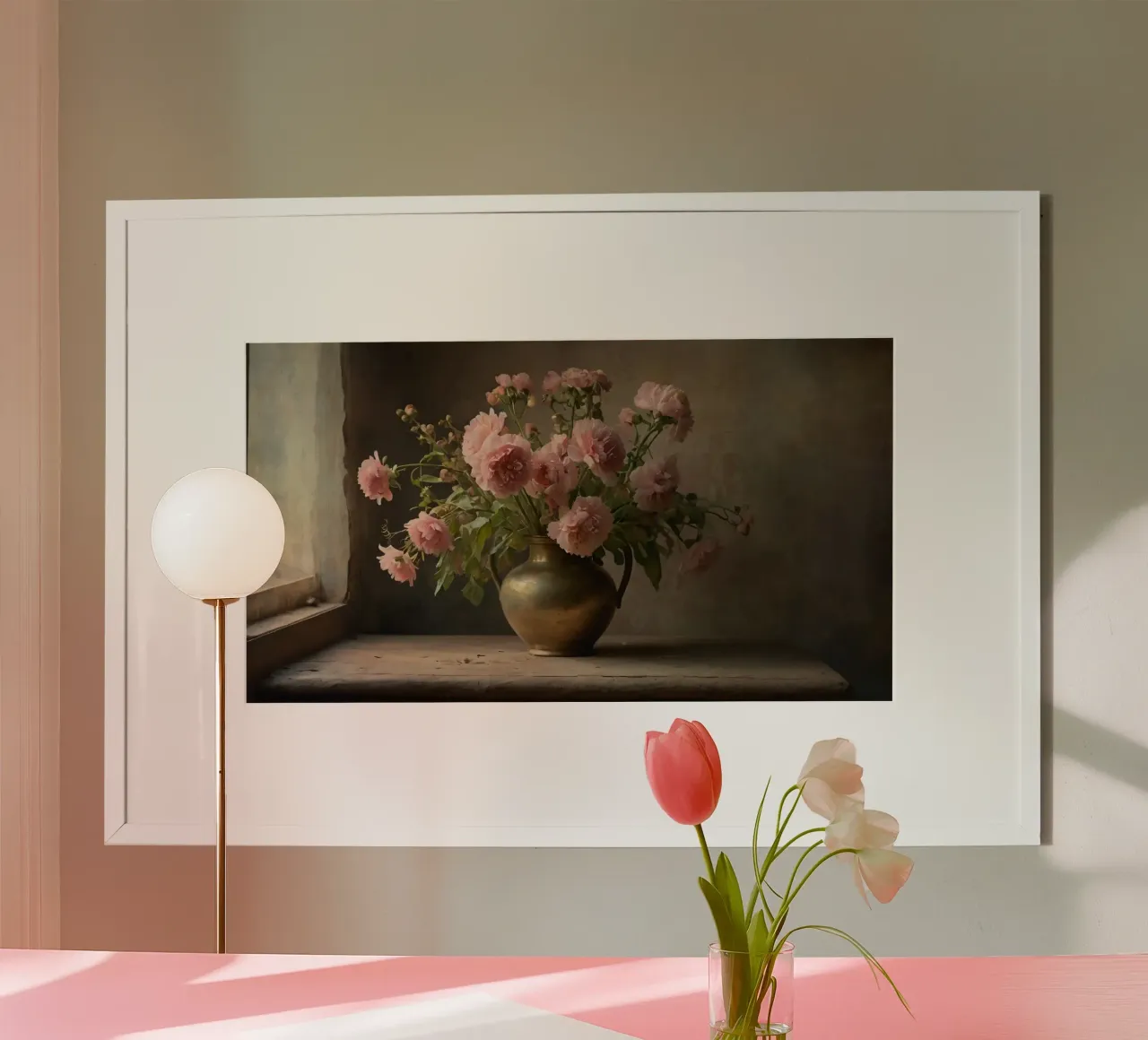 Un vaso d'ottone vintage pieno di fiori rosa tenero poster da DesignDoodle