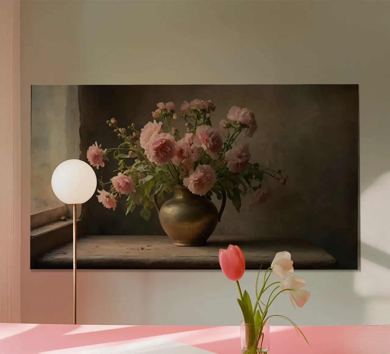 Un vaso d'ottone vintage pieno di fiori rosa tenero poster da DesignDoodle