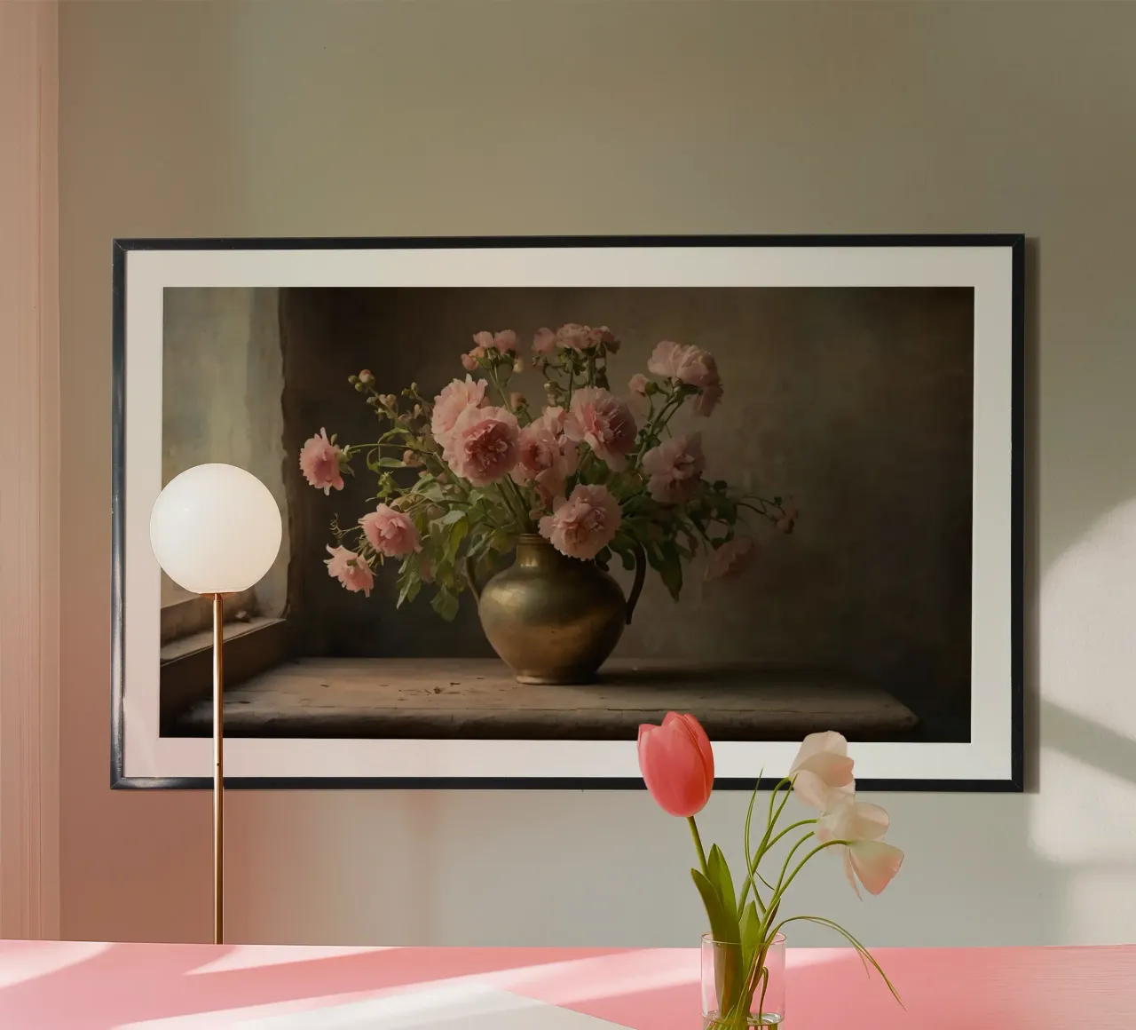 Un vaso d'ottone vintage pieno di fiori rosa tenero poster da DesignDoodle
