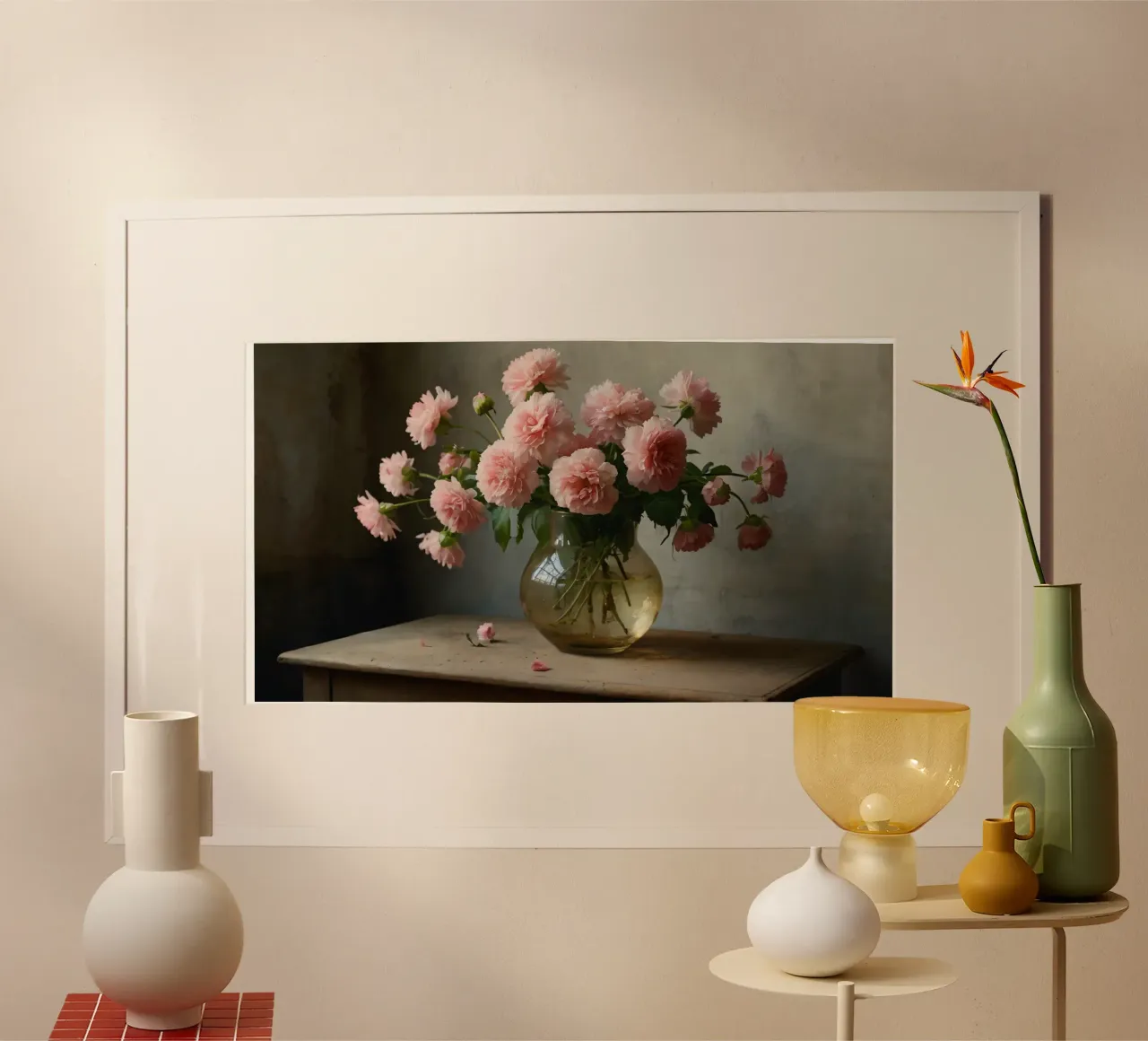 Fiori rosa tenui disposti con grazia in un vaso vintage. poster da DesignDoodle