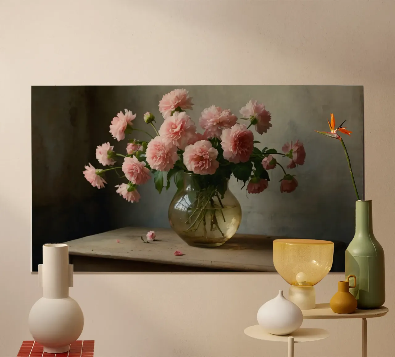 Fiori rosa tenui disposti con grazia in un vaso vintage. poster da DesignDoodle