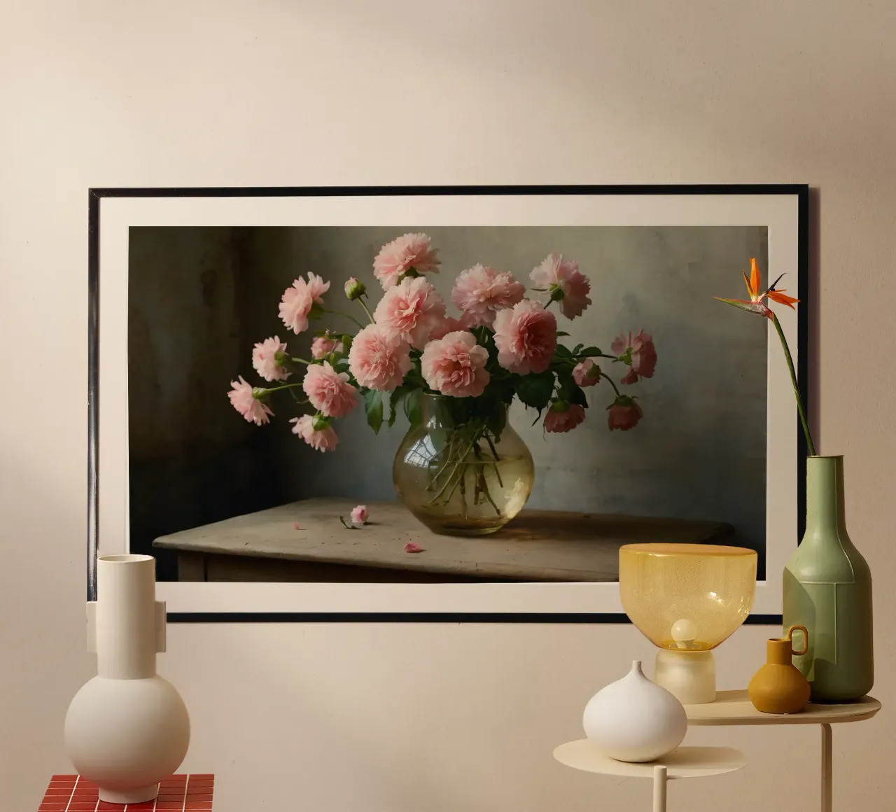 Fiori rosa tenui disposti con grazia in un vaso vintage. poster da DesignDoodle