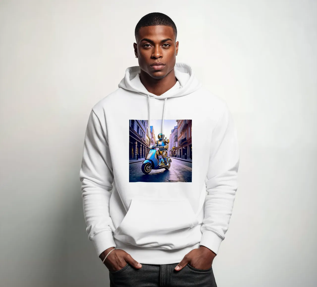 ROBOT EN SCOOTER BLEU. VIOLET felpa con cappuccio da Thierry vobmann photography