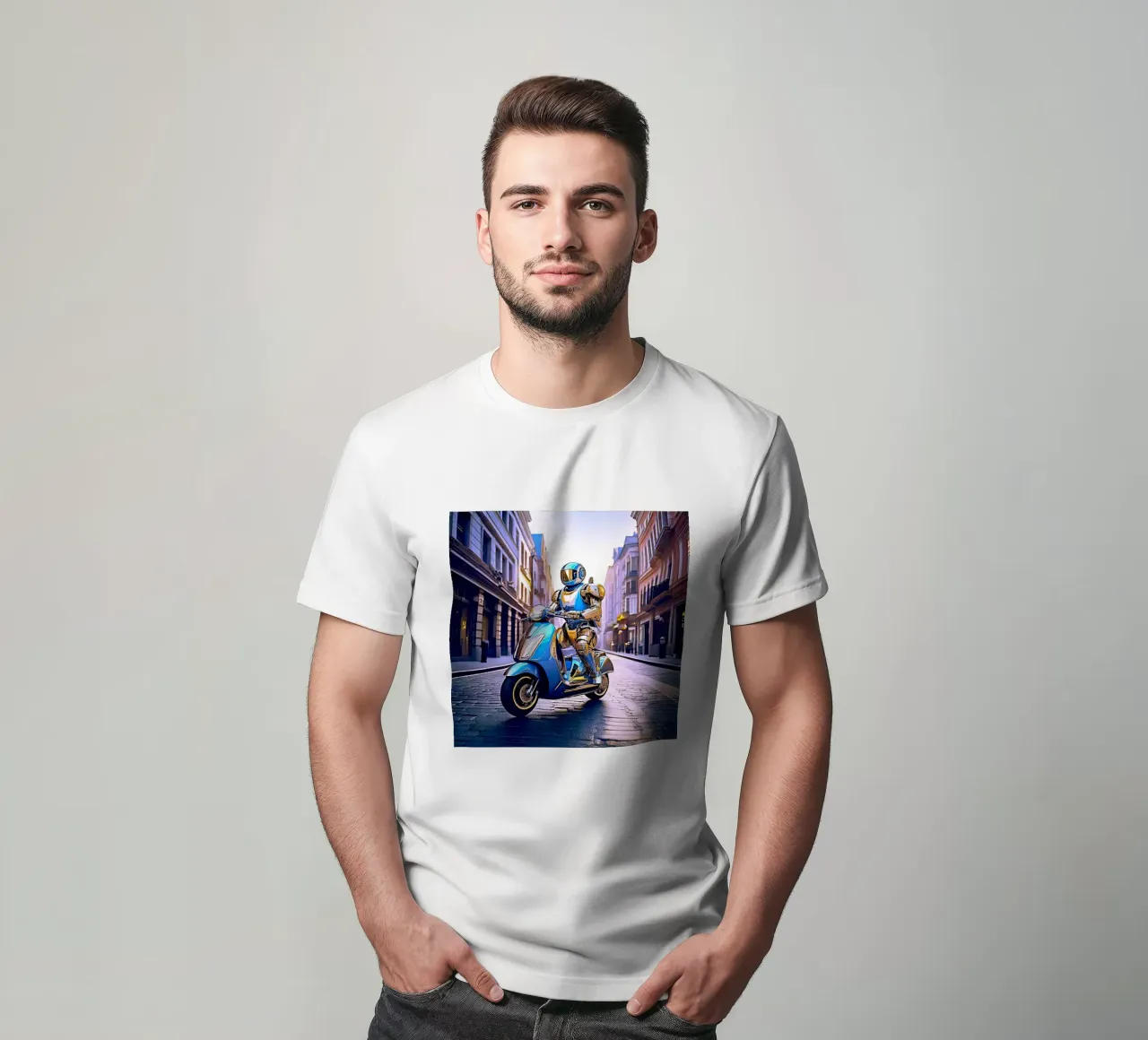 ROBOT EN SCOOTER BLEU. VIOLET t-shirt da Thierry vobmann photography