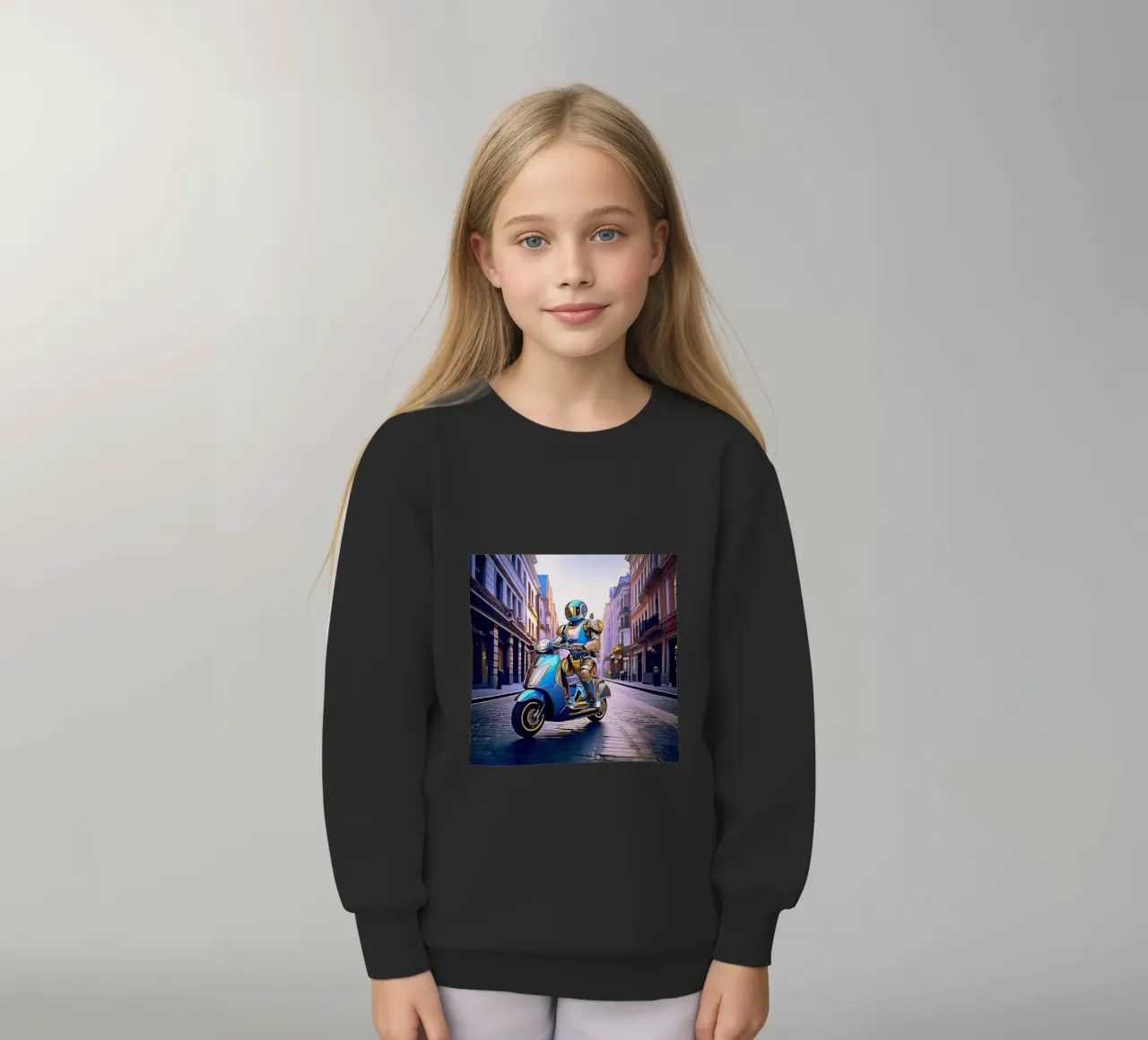 ROBOT EN SCOOTER BLEU. VIOLET felpa bambino da Thierry vobmann photography