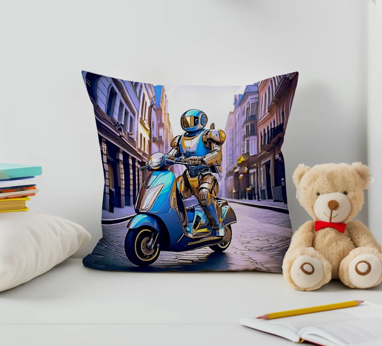 ROBOT EN SCOOTER BLEU. VIOLET cuscino da Thierry vobmann photography