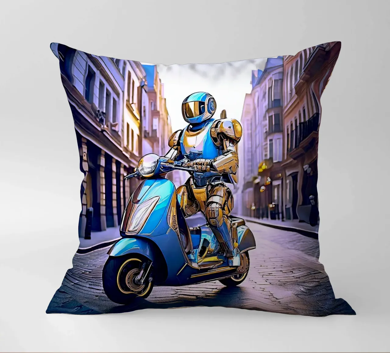 ROBOT EN SCOOTER BLEU. VIOLET cuscino da Thierry vobmann photography