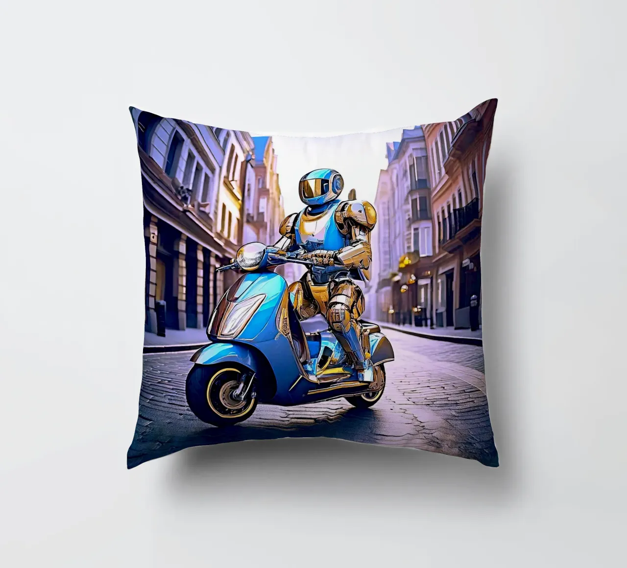 ROBOT EN SCOOTER BLEU. VIOLET cuscino da Thierry vobmann photography