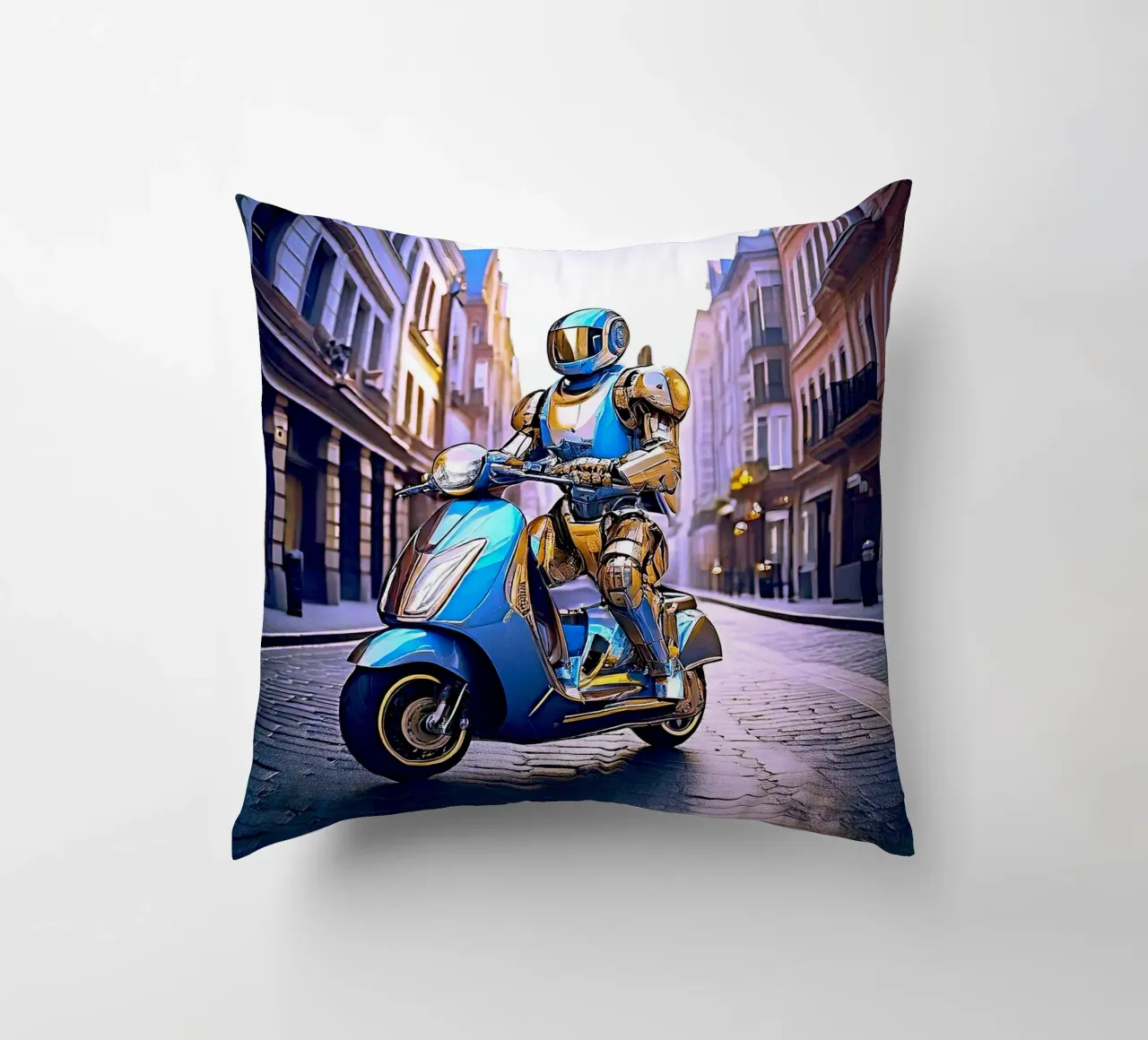 ROBOT EN SCOOTER BLEU. VIOLET cuscino da Thierry vobmann photography