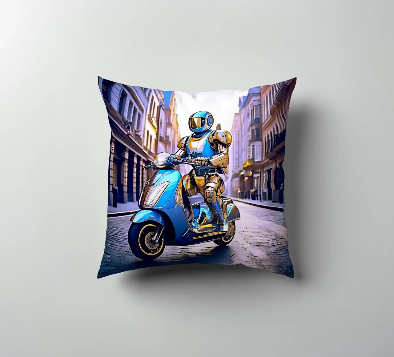 ROBOT EN SCOOTER BLEU. VIOLET cuscino da Thierry vobmann photography