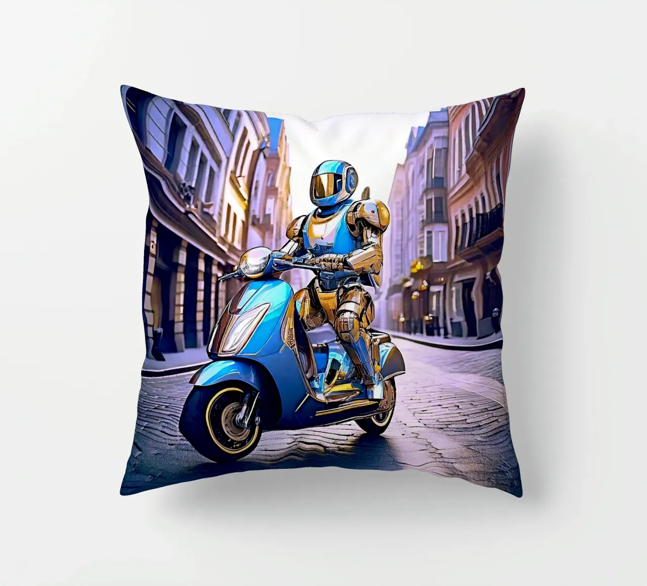 ROBOT EN SCOOTER BLEU. VIOLET cuscino da Thierry vobmann photography