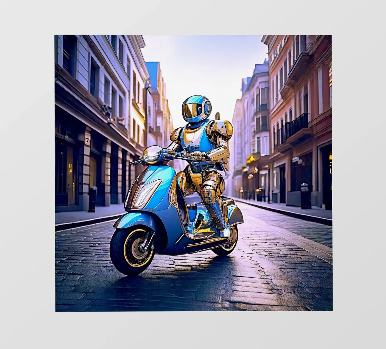 ROBOT EN SCOOTER BLEU. VIOLET telo in pvc da Thierry vobmann photography